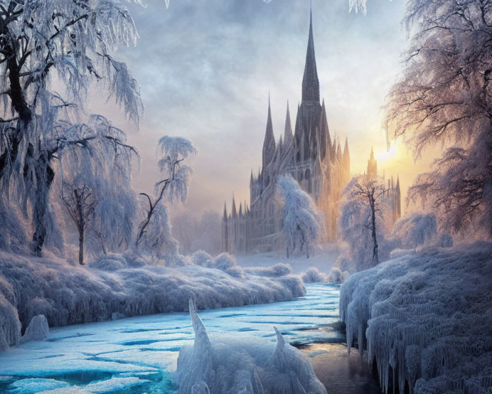 Snow-covered trees, frozen river, gothic cathedral in mystical winter scene