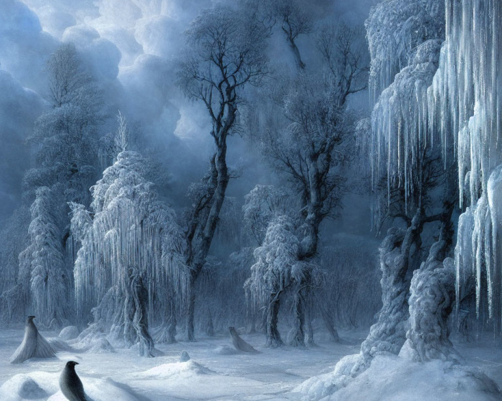 Snow-covered winter landscape with icicles and bird in serene setting