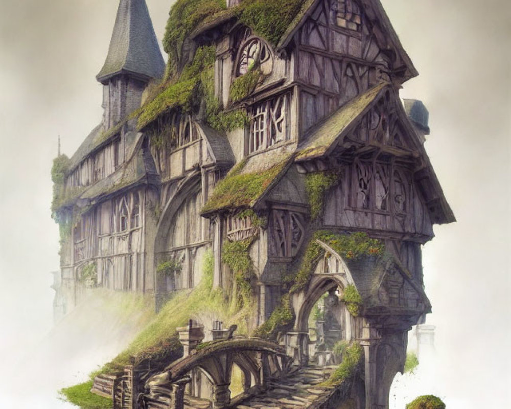 Fantasy cottage with ivy-covered roof, wooden bridge, and spire
