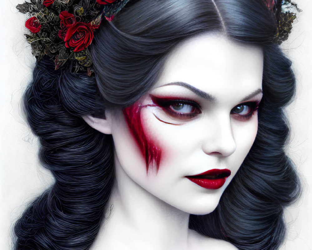 Portrait of woman with pale skin, dark hair, red makeup, and rose & metal crown.