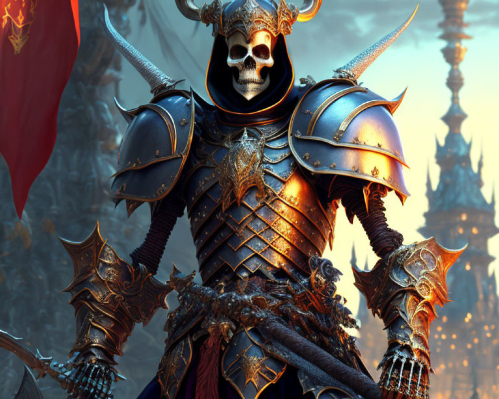 Armored Figure with Skull Helmet and Sword in Gothic Castle Setting
