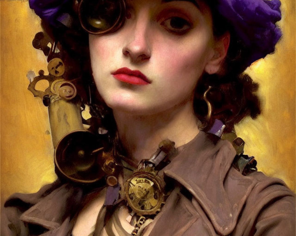Steampunk-themed portrait of woman with goggles and purple hat