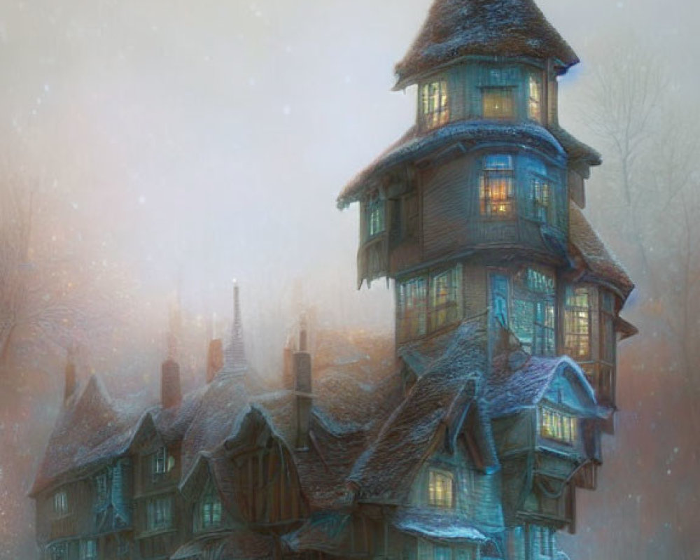 Towering whimsical structure in misty glow with falling snowflakes