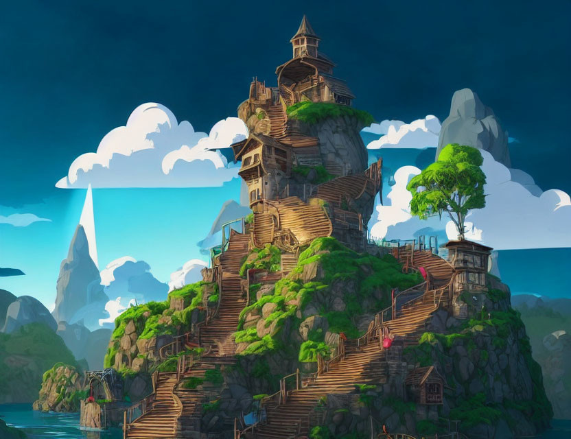 Vibrant digital illustration of a multi-tiered treehouse on rocky outcrop