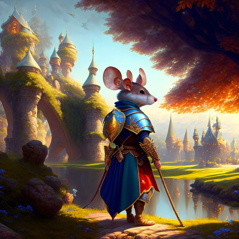 Armored mouse knight at fantasy castle with sunset scenery