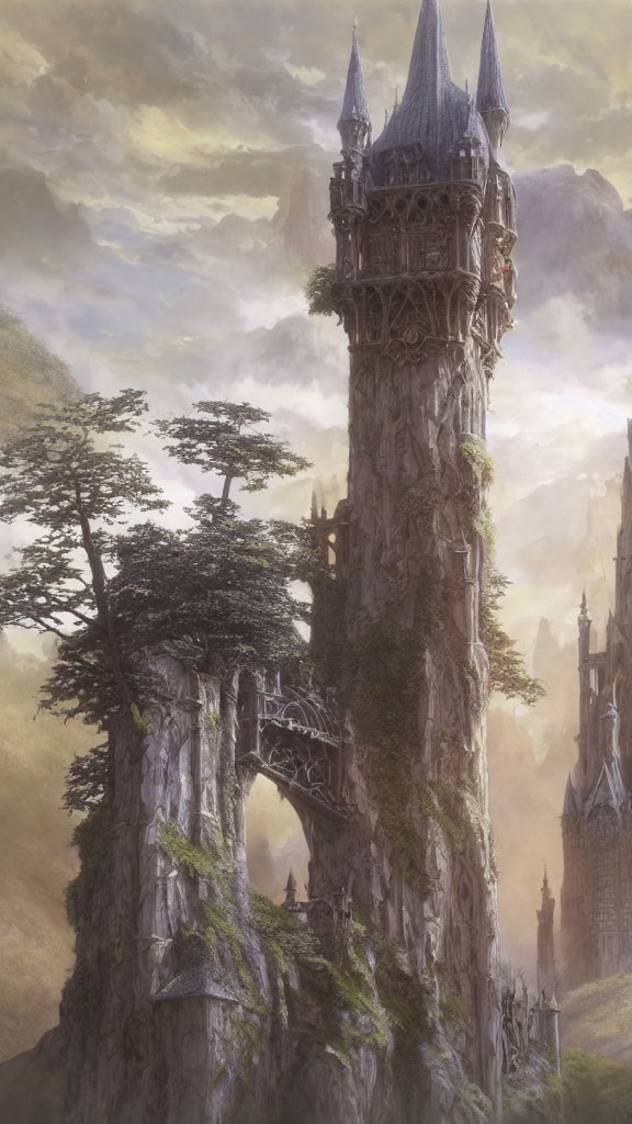 Fantastical castle on tall rock pillar amidst lush trees under cloudy sky