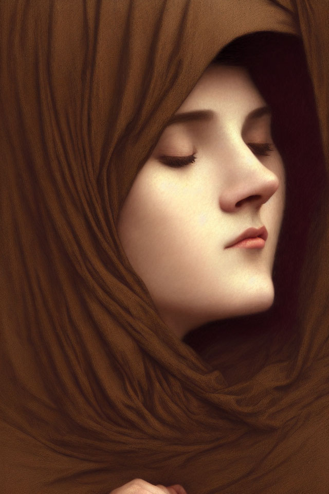 Woman in Brown Shawl with Closed Eyes: Serene Portrait