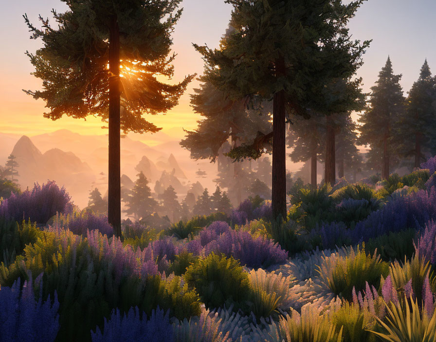 Serene forest with tall evergreens at sunrise