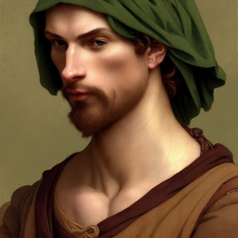 Man with Beard and Mustache in Renaissance Style Green Cap and Brown Garment on Neutral Background