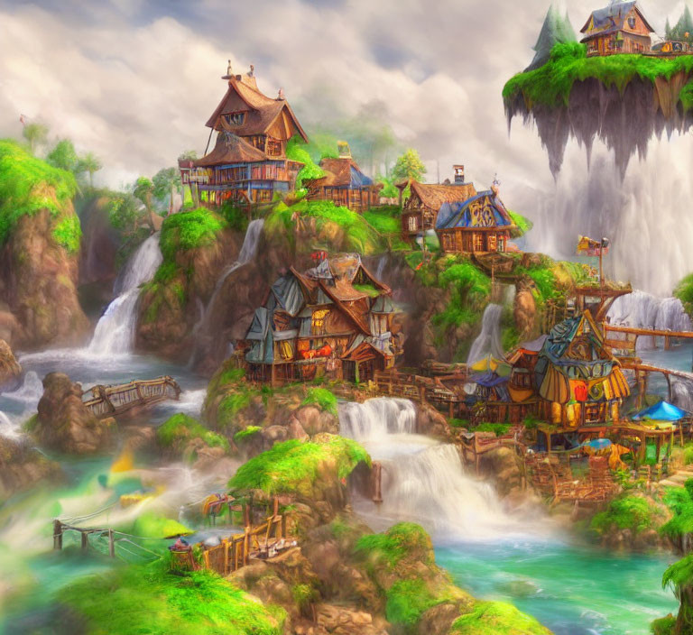 Fantasy art landscape of whimsical village with waterfalls
