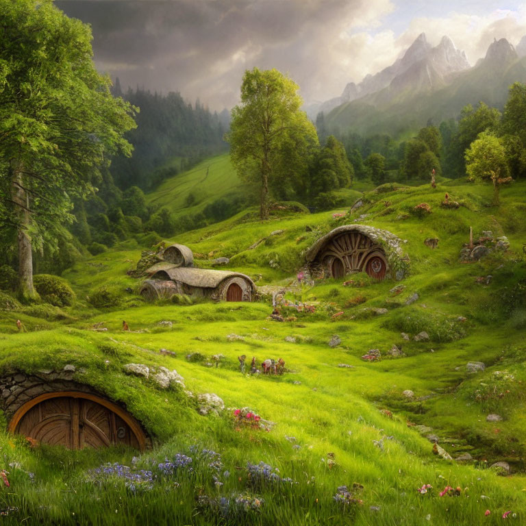 Lush green hills with hobbit-like houses under dramatic sky