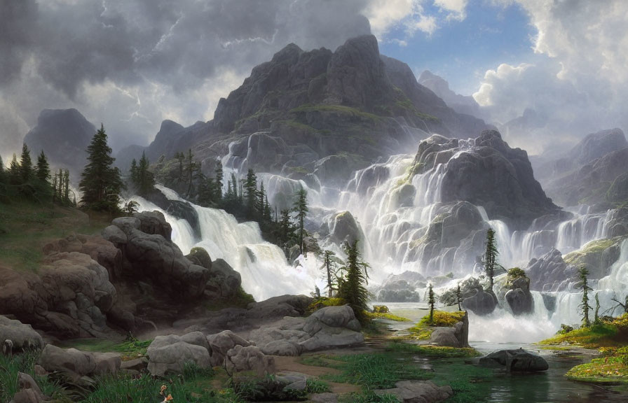 Majestic mountain with cascading waterfalls in lush landscape