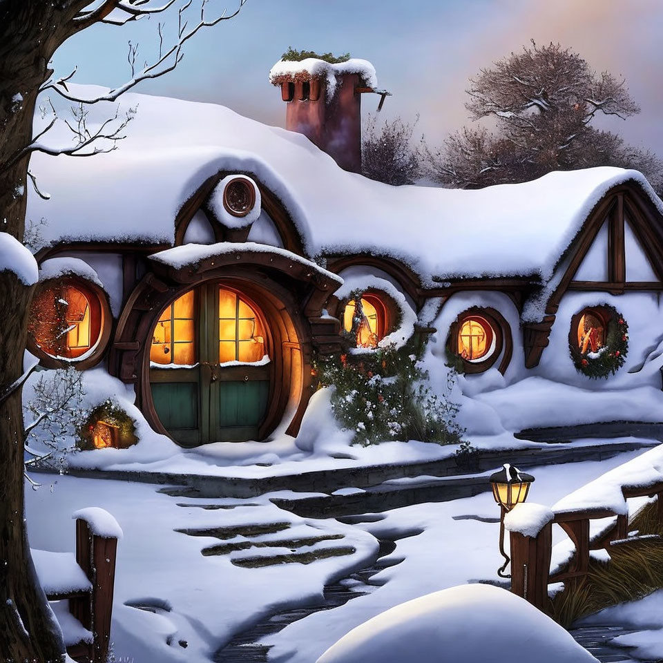 Snow-covered cottage with glowing windows and wreaths in serene winter scene