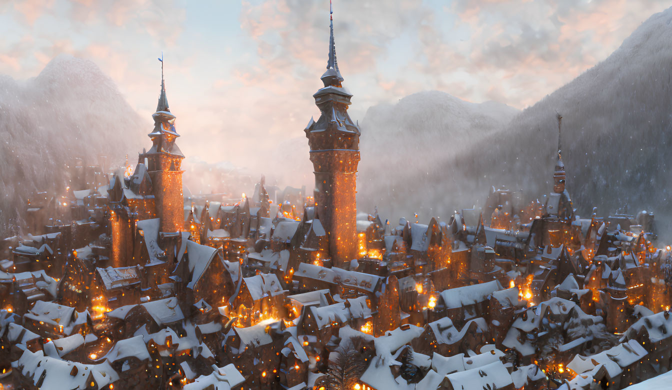 Snowy Old Town with Lit Windows, Spires, & Mountains at Dusk