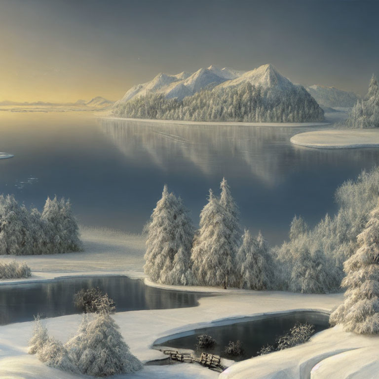 Winter Scene: Snowy Landscape with Frosted Trees, Lake, Mountains, and Dock