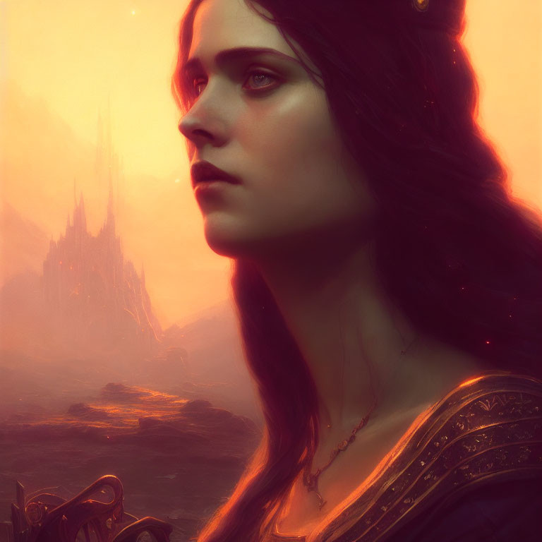 Dark-haired woman in fantasy landscape with castle: digital illustration