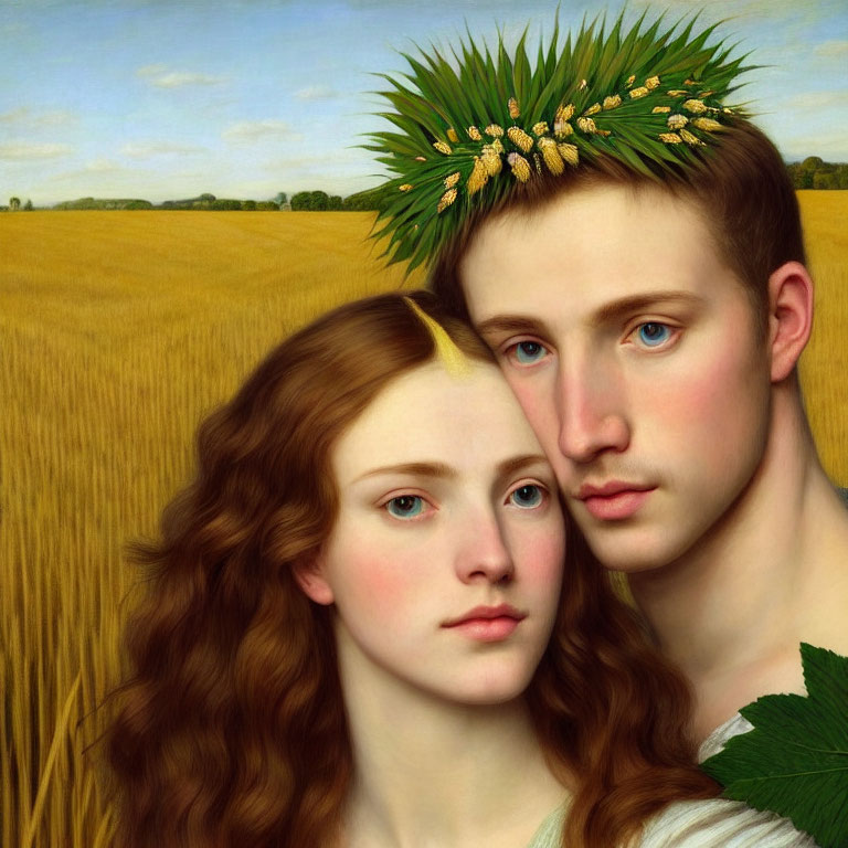 Digital artwork blending young man and woman's faces in wheat field with red hair and leaf crown