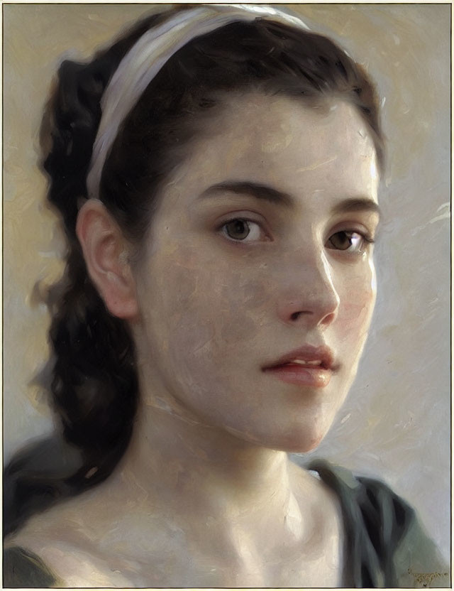 Realistic portrait of young woman with dark hair in braid and white headband