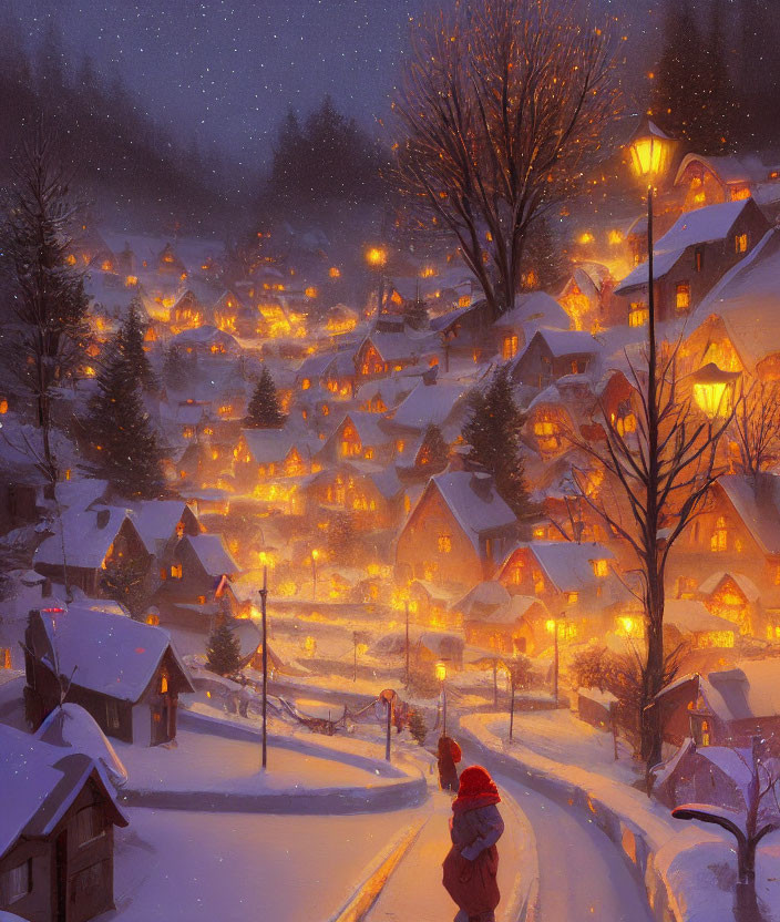 Person in red walking snowy village street under twilight sky