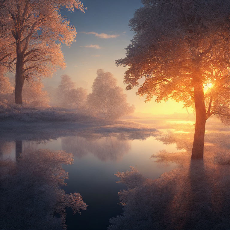 Tranquil winter landscape with frost-covered trees and calm river at sunrise