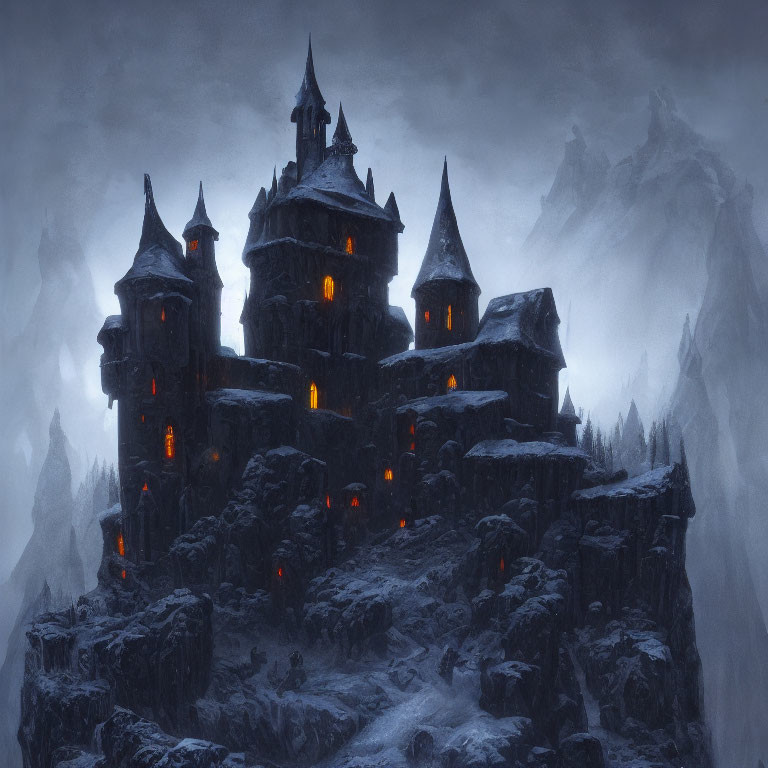 Gothic castle on craggy cliff with warm lights in foggy mountains