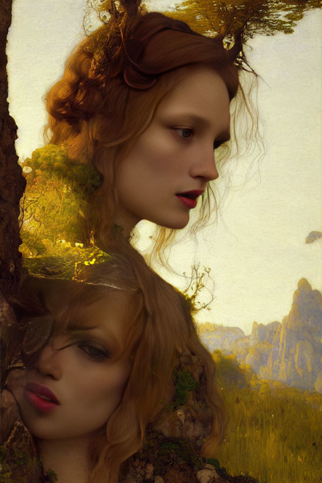 Surreal portrait of two women in nature with intricate hair and autumn colors