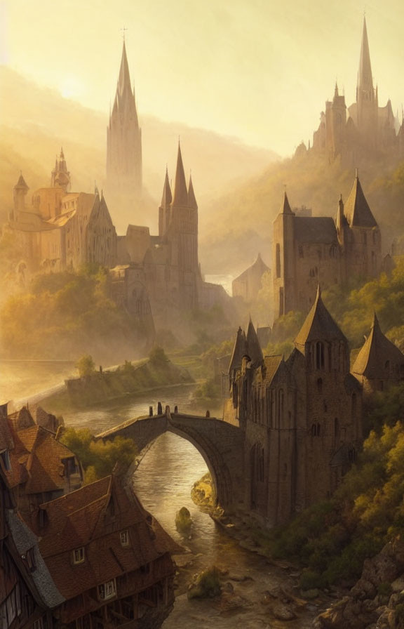 Medieval cityscape at sunrise with Gothic cathedrals, stone bridge, and golden-hued
