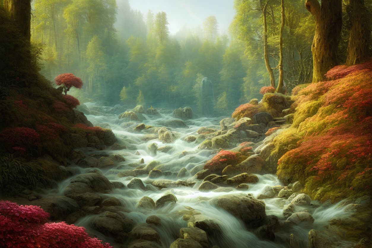 Tranquil forest landscape with misty river, autumn trees, and pink flowers
