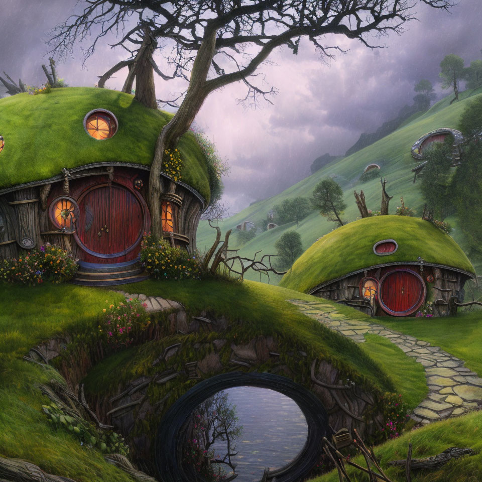 Unique round door hobbit houses in grassy hills under twilight sky