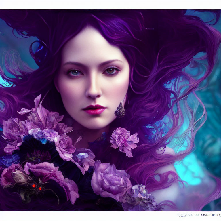 Digital artwork of woman with purple hair and green eyes among purple flowers on teal background