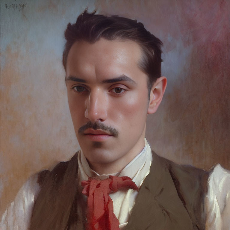 Man with Mustache in Vest and Red Neckerchief, Contemplative Portrait