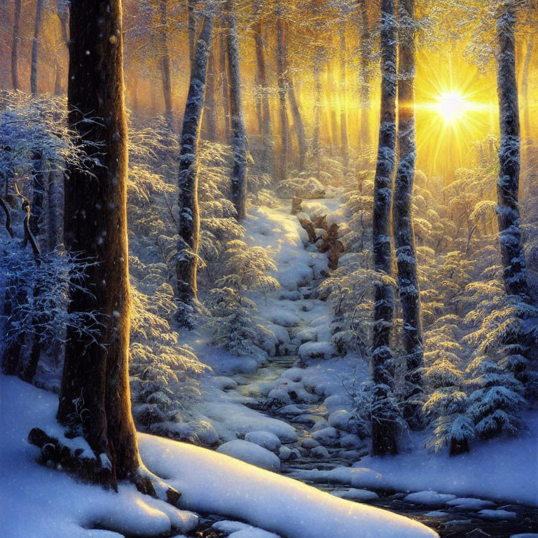 Snowy Forest Scene with Sunlight and Stream