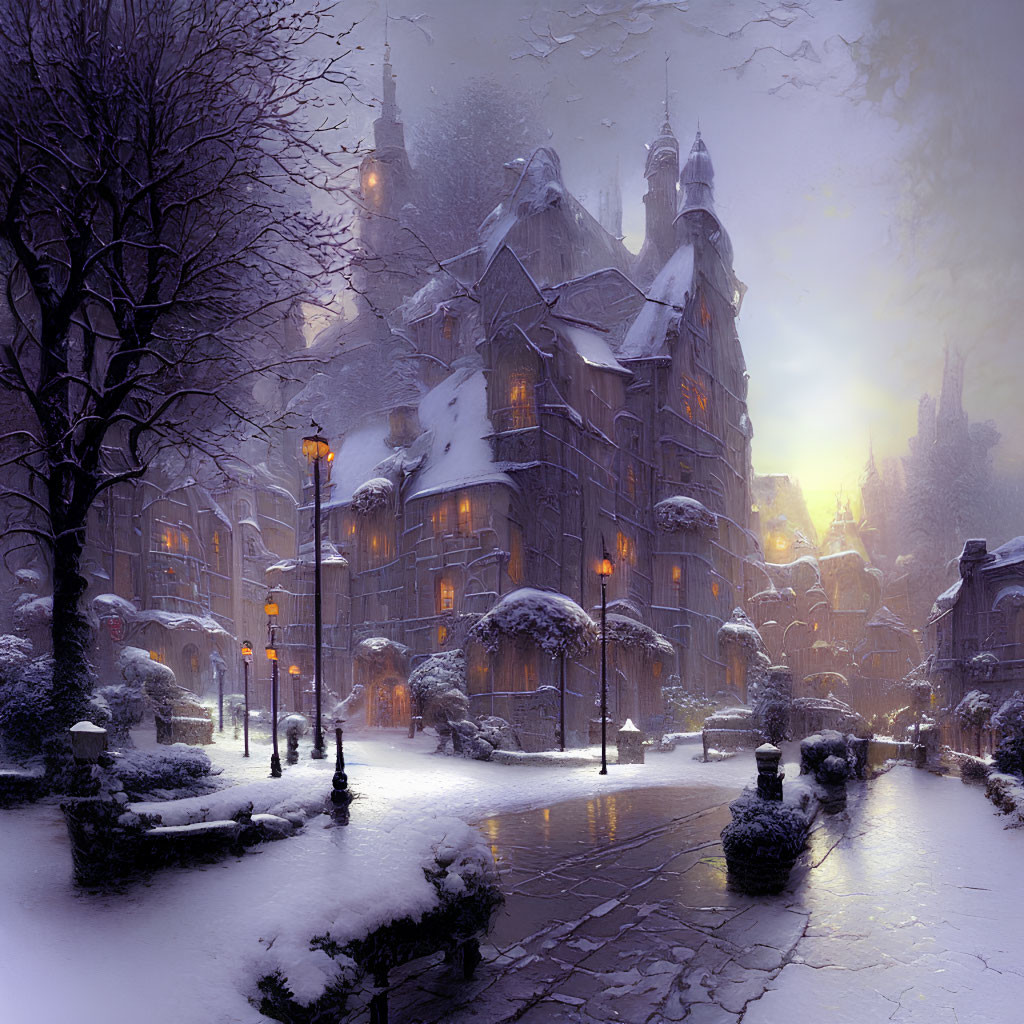 Snow-covered Gothic-style building in enchanting winter scene
