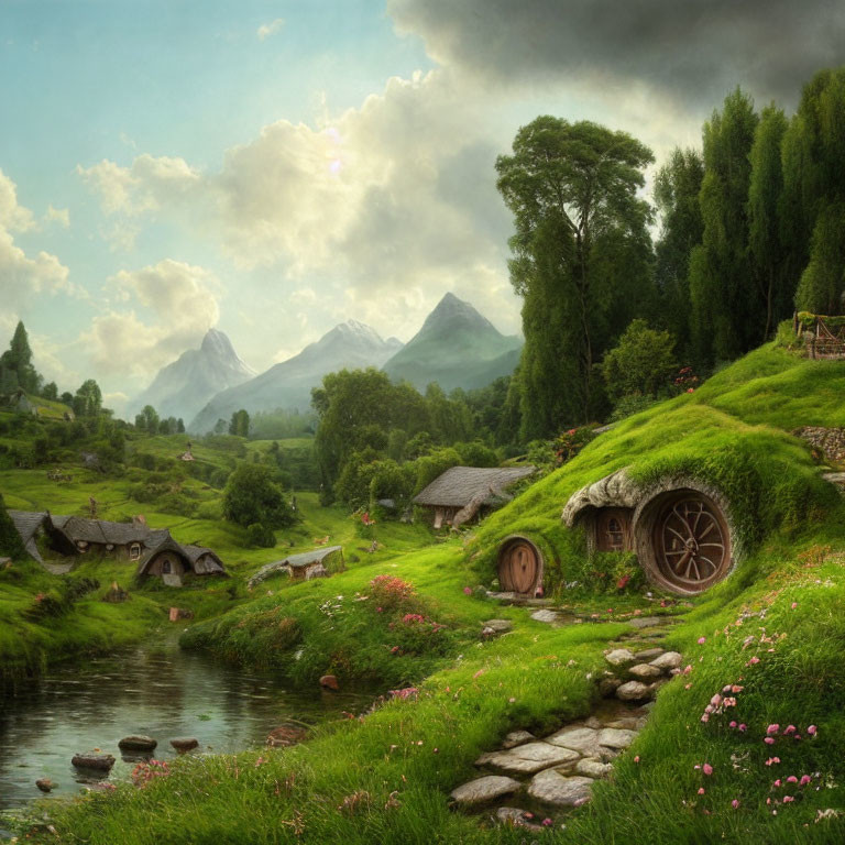 Tranquil rural landscape with hobbit-like houses, river, and mountains