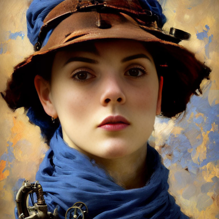 Portrait of woman with porcelain skin and dark hair in weathered hat and blue scarf on abstract golden backdrop