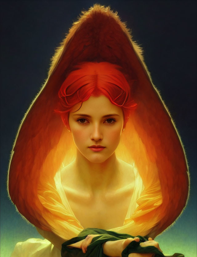 Enigmatic woman with fiery red flame-shaped hair on dark background