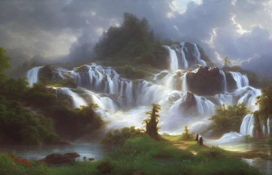 Majestic multi-tiered waterfall in serene landscape