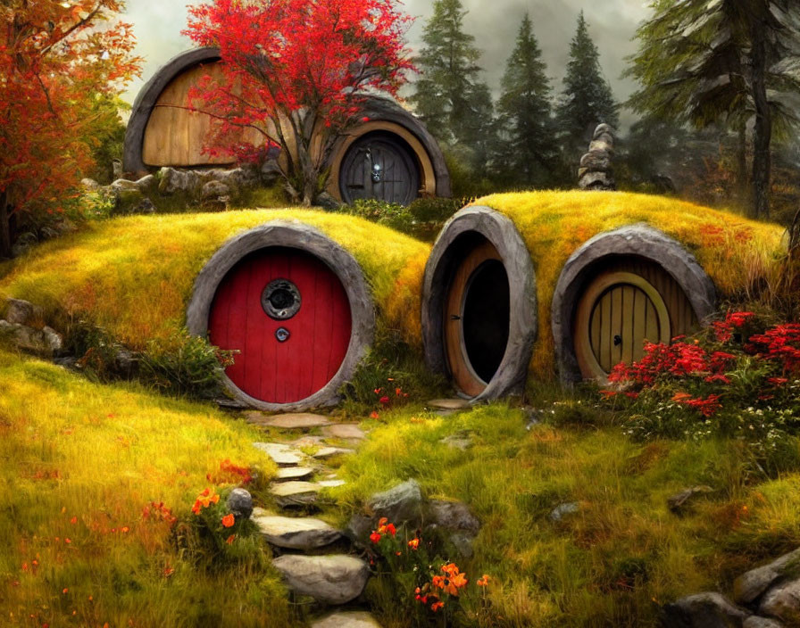 Unique hobbit-style houses in lush hillside with round doors and red flowers