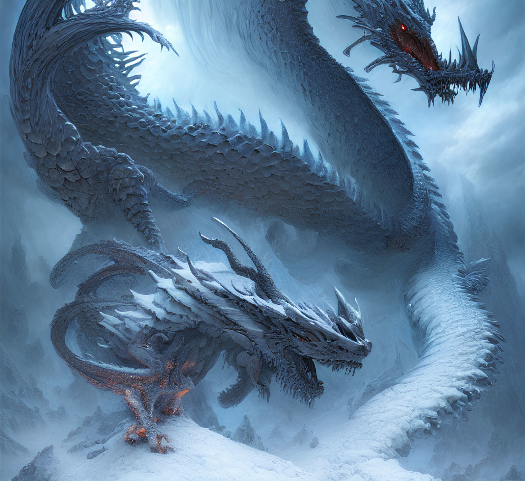 Detailed illustration of two colossal dragons in icy landscape, one blue, one black and red, in intense
