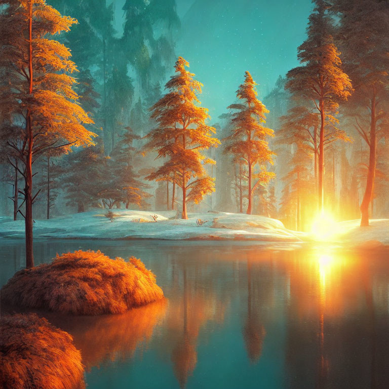 Tranquil Lake Scene with Orange Trees and Snowfall