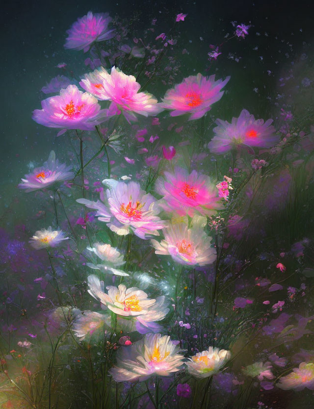Pink and White Cosmos Flowers Painting Among Dark Green Foliage