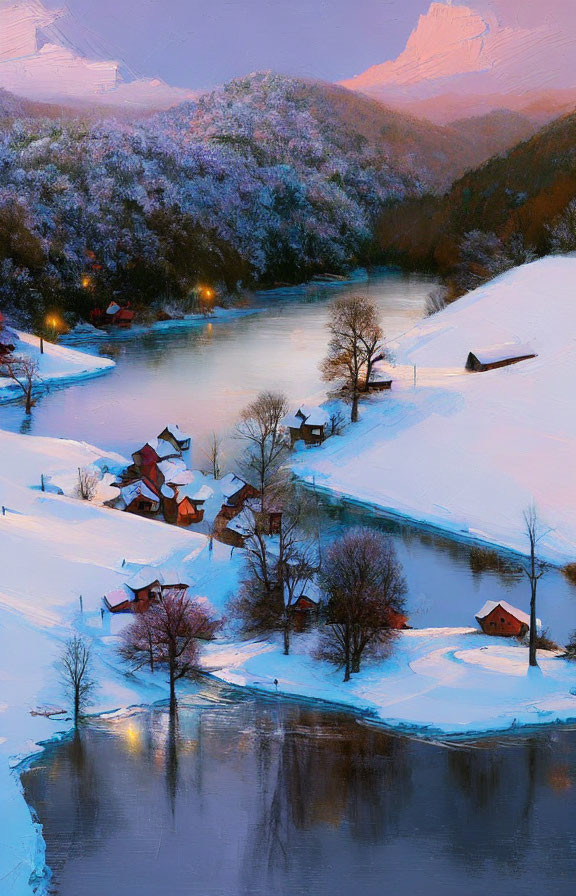 Snow-covered houses by river with warm glow lights, trees, and mountains at dusk
