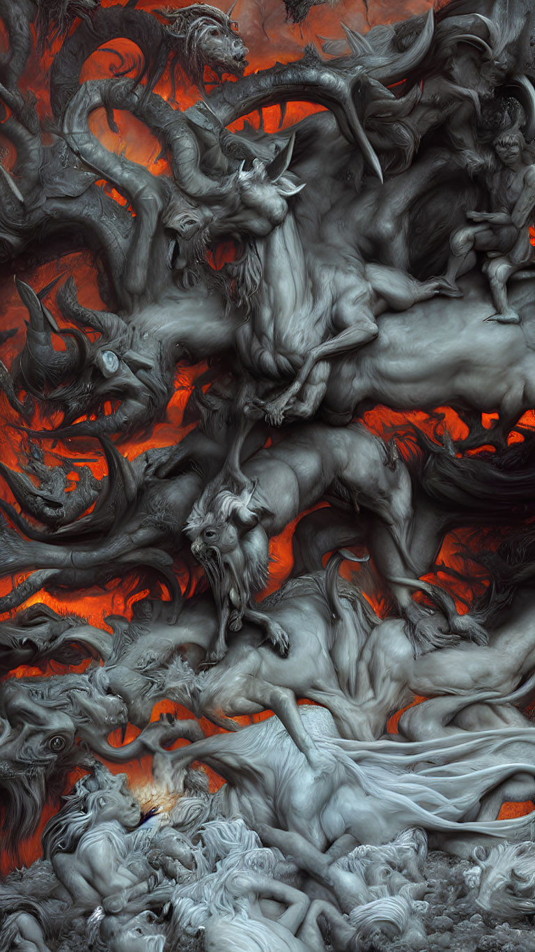 Surreal chaotic demonic creatures in red and orange tones