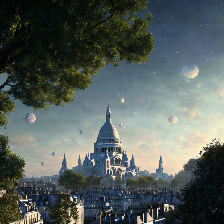 Fantasy cityscape with classical architecture under multiple moons and stars in a lush setting