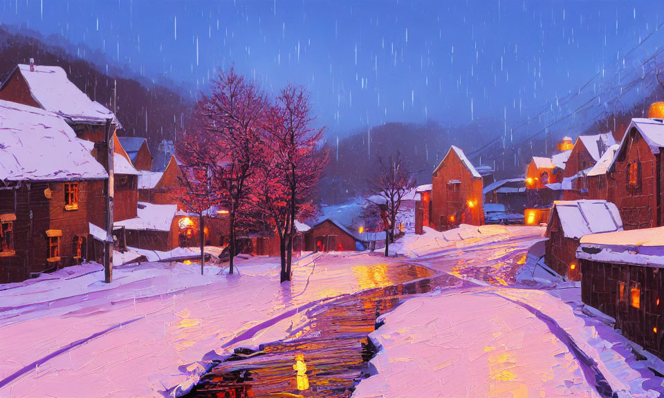 Snowy Twilight Scene: Village with Red Tree and Warmly Lit Windows