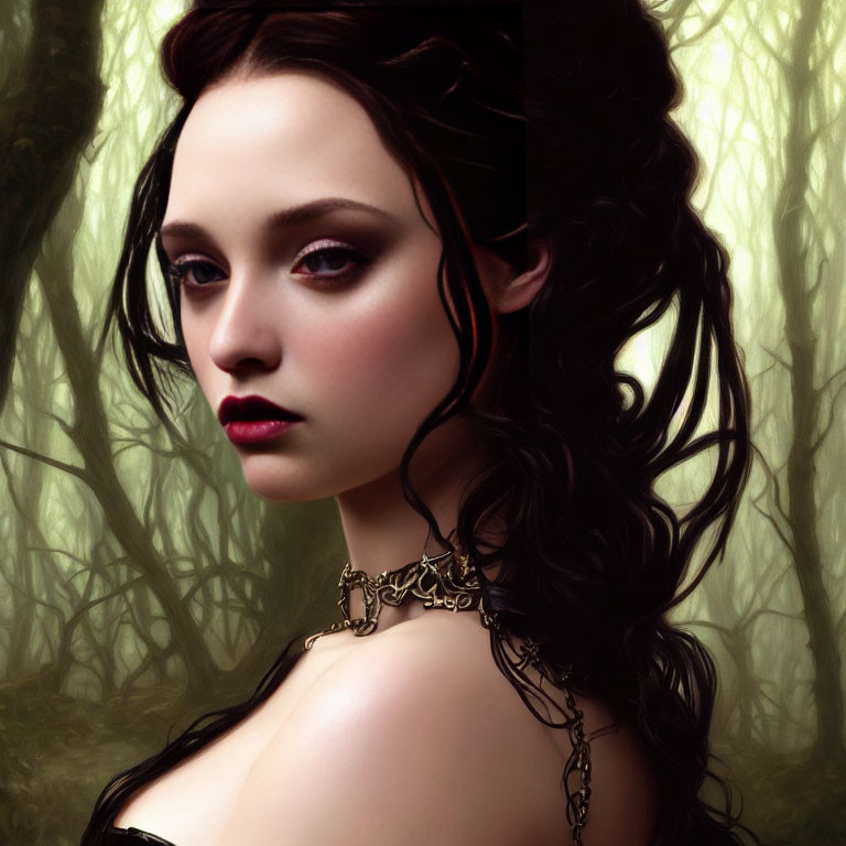Portrait of woman with dark hair and striking makeup against blurred forest.