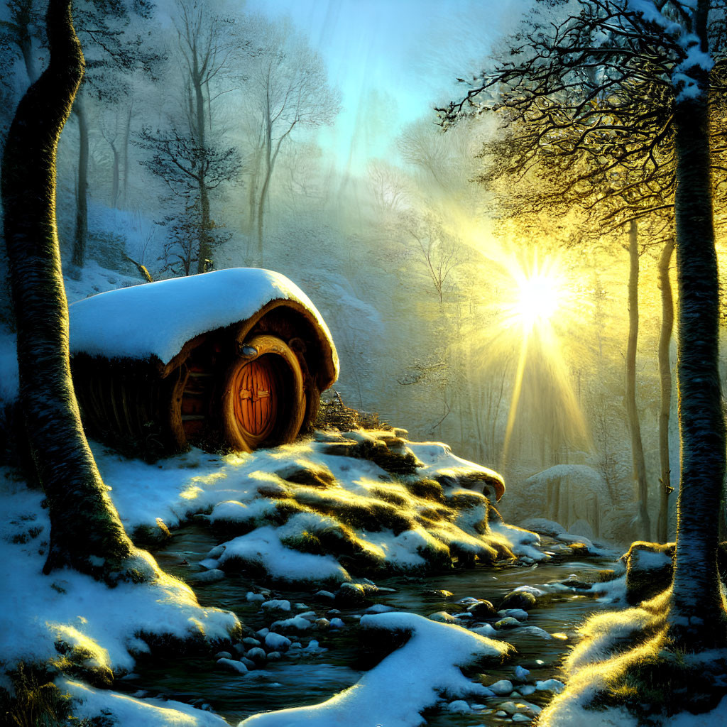 Cozy wooden cottage in snowy forest with stream at sunrise