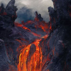 Ethereal landscape: rivers of lava amid rugged terrain