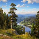 Tranquil landscape with towering mountains, calm lake, coniferous trees, grass, and rocks