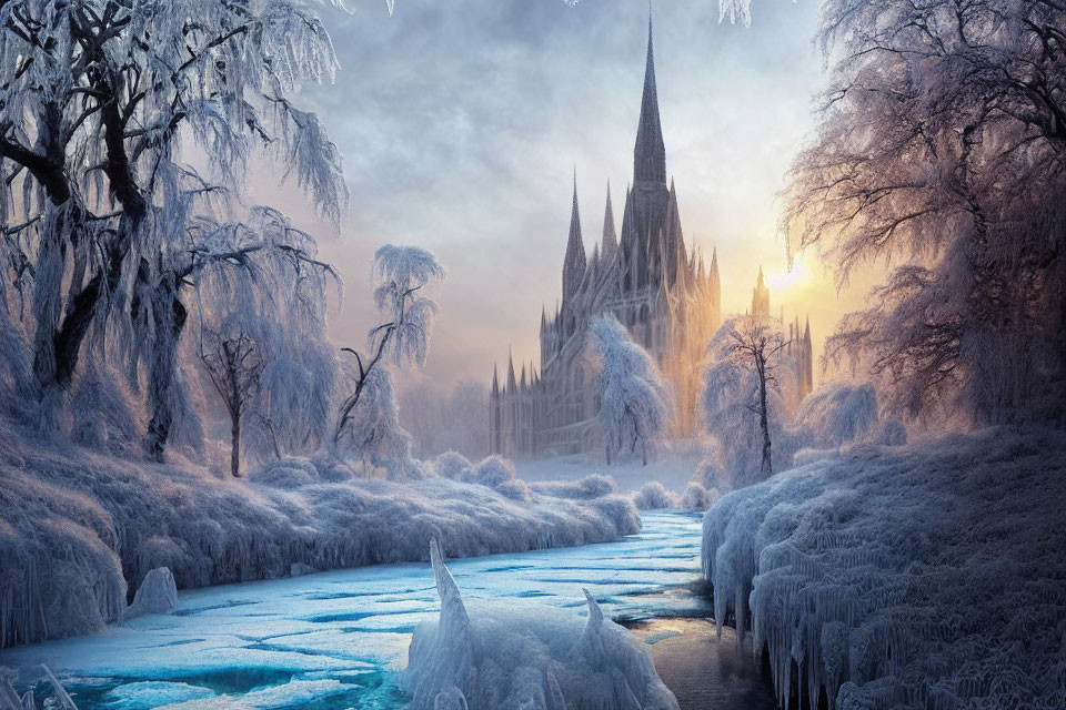 Snow-covered trees, frozen river, gothic cathedral in mystical winter scene